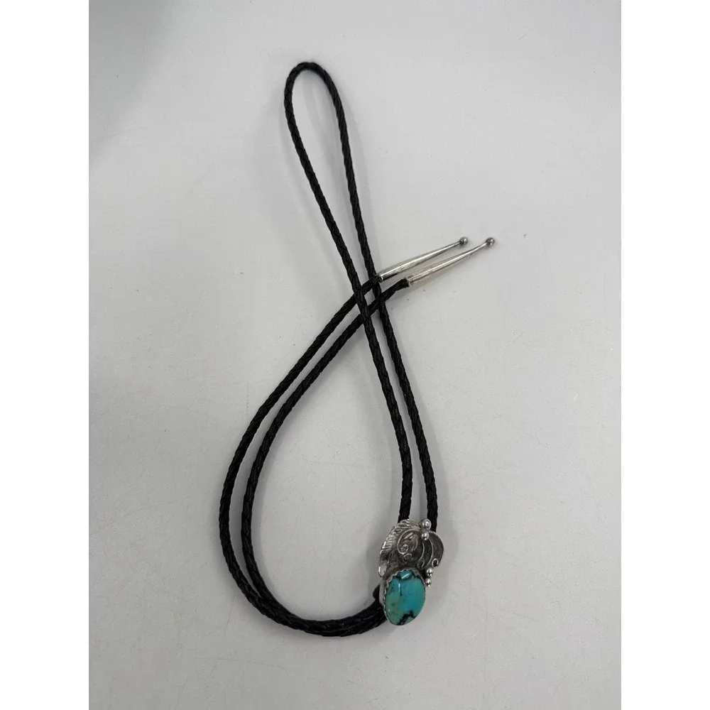 Navajo Signed Sterling Silver‎ Turquoise Bolo Tie Black Leather Cord Signed TG